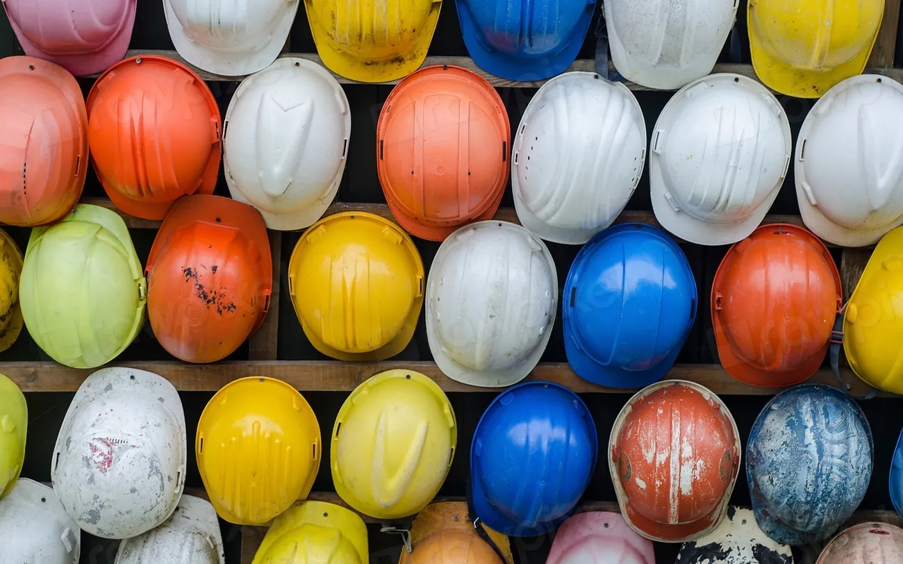 Safety helmets on a rack